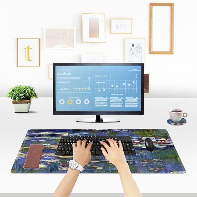 ToLuLu Extended Gaming Mouse Pad, Ergonomic Keyboard Mouse Wrist Rest Set | Large Desk Mat with Stitched Edges, Non-Slip Base Memory Foam Support Mousepad for Home Office Game, Monet Water Lilies