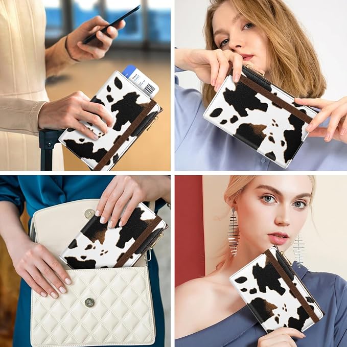 Passport Holder for Travel, RFID Blocking Passport Cover for Women Zipper | Travel Wallets, Passport Book Holder, Credit Card Holder, ID Window,SIM Card Slots, Coin & Tickets Pocket, Cow Print