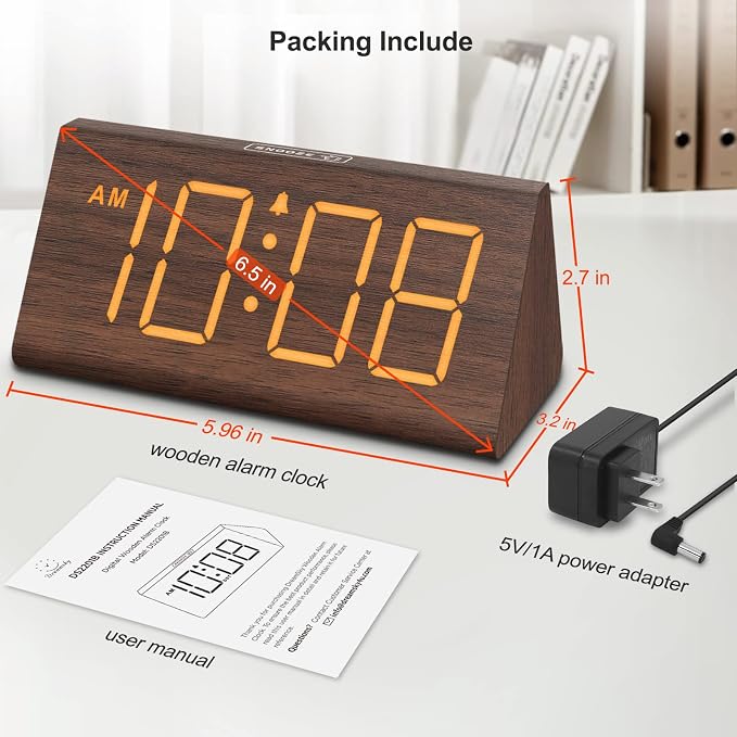 DreamSky Wooden Digital Alarm Clock for Bedrooms with Large Numbers | Electric Desk Clock, USB Port, Loud Alarm for Heavy Sleepers, Adjustable Volume, Dimmer, DST, Wood Décor Gifts, Plug in Clock