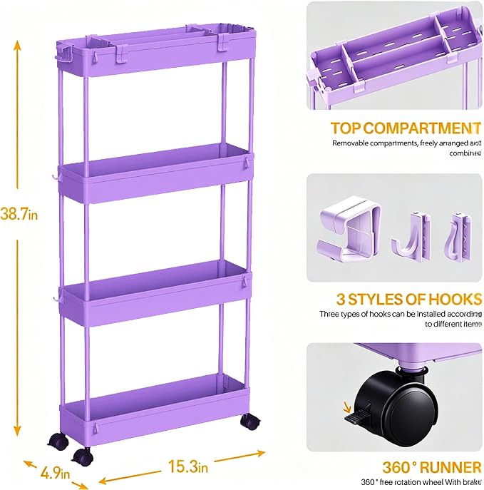 2-piece Set Slim Storage Cart 3 Tier,Bathroom Organizer Rolling Utility,Mobile Shelving Unit Slide Out for Office, Kitchen, Laundry Room & Narrow Places