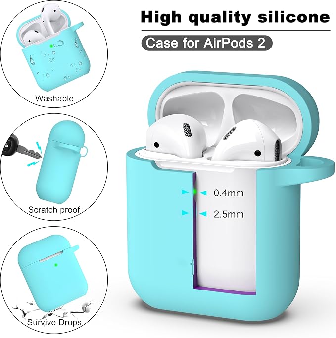 R-fun for AirPods 1/2 Case, Soft Silicone Protective Cover with Keychain and Cleaning Pen, Compatible with AirPods 2nd/1st Generation (2016/2019), Full Drop Protection Cover, Teal