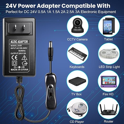 24V 3A Power Supply 72W, 24 Volt DC Power Adapter with On/Off Switch, 110V AC to 24V Transformer Plug with 5.5x2.1mm DC Female Connector for LED Strip Lights, Black