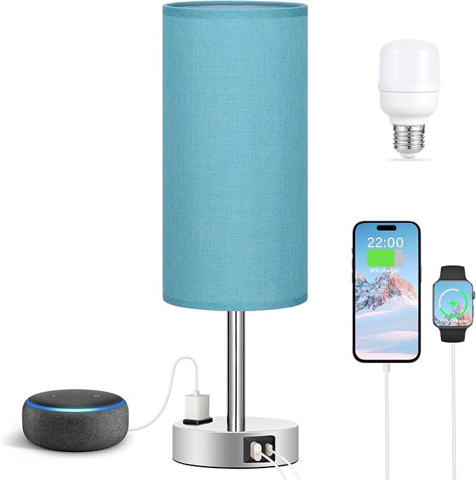 Turquoise Nightstand Table Lamp for Bedroom - 3 Way Dimmable Touch Lamp USB A and C Charging Ports and AC Outlet, Small Lamp for Office Desk with Metal Base, LED Bulb Included