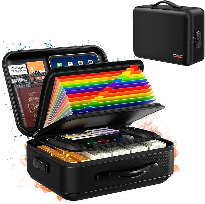 Fireproof Document Box with Lock - 5200°F Fire Proof Safe for Home Documents, Hard-Shell Fireproof & Waterproof Safe Box for Important Files Stocking Stuffs for Women or Men Christmas Gifts (Black)