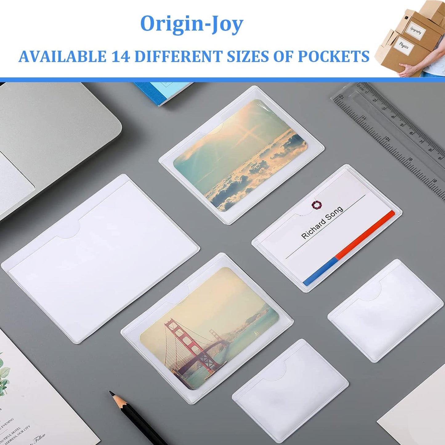 Origin-Joy 25 PCS Self-Adhesive Index Label Pockets, Clear Plastic Peel & Stick Card Holders with Top Open for Loading (4 x 2 inch)