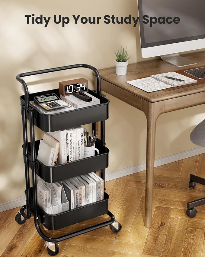 Pipishell Metal 3 Tier Rolling Cart with Handle & 2 Lockable Wheels, Black | Four Large 2" Wheels for Easy Motion, Sturdy Metal, Hold 22 lbs per Shelf, Ideal for Nursery Room, Living Room, Painting Room