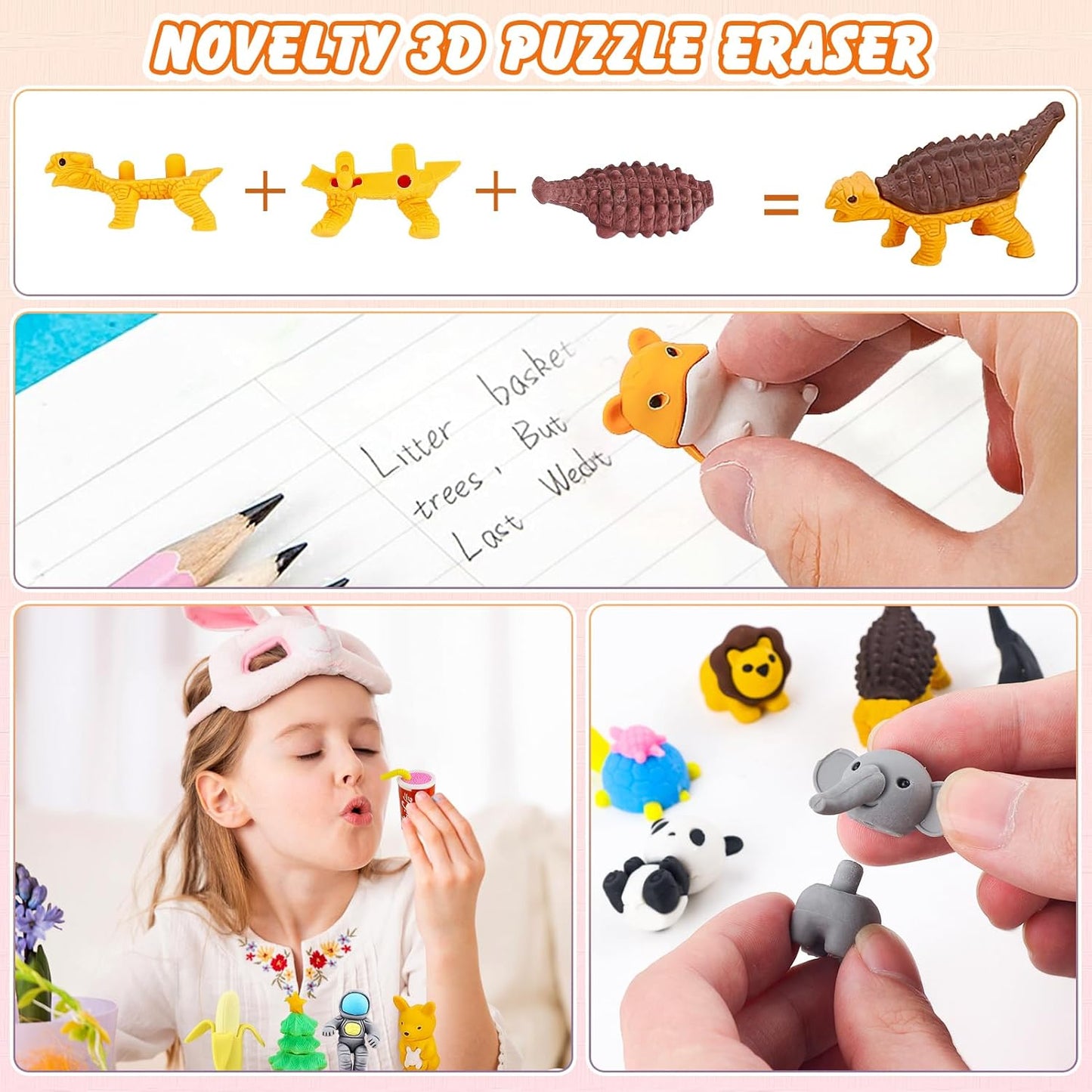 150Pcs Animal Erasers Bulk Cute Food Erasers Desk Pets Kids Puzzle Eraser Take Apart Cool 3D Eraser Mini Fun Party Favors for School Supplies Classroom Rewards Easter Egg Fillers Gifts