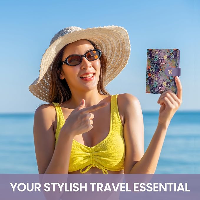 Passport Holder for Travel Essentials, RFID Blocking Leather Cover Wallet with Magnetic Closure, Aesthetic & Cute Passport Book Case for Women and Men - Violet