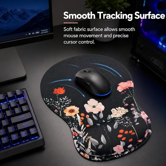 Mouse Pad with Wrist Rest Ergonomic Memory Foam Support, Non-Slip Rubber Base, Comfortable Typing Cushion for Home Office Computer Laptop, Flower Black