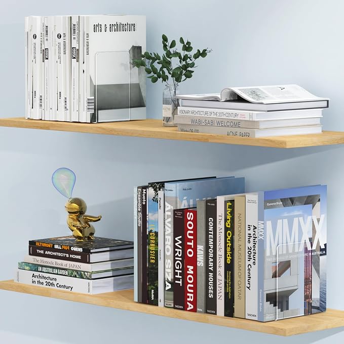 Acrylic Bookends 6 Pcs, Clear Book Ends for Shelves, Bookend Organizer | Transparent Book Holder Stand Decorative, Book Stoppers for Heavy Duty Books, CD, File, Video Games