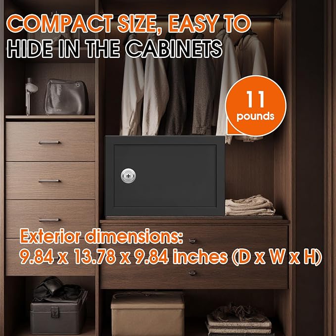 1.3 Cubic Feet Fireproof Safe Box with Key Lock, Hidden Steel Security Box with Removable Shelf for Cash, Jewelry, Passports and Medications, Personal Safes for Home/Office, 9.84"D x 13.78"W x 9.84"H