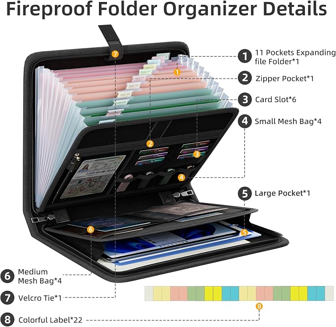 Fireproof Accordion File Organizer, Expanding File Folder with 13 Pockets | Portable Document Organizer with Waterproof Zipper & Labels, File Organizer for Important Document/Paper Storage, Black