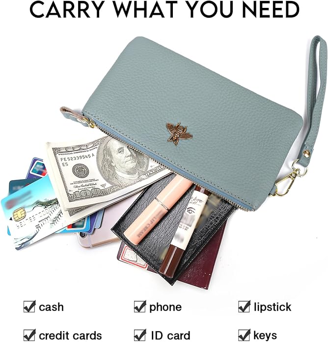 imeetu Wristlet Wallets for Women, Wristlet Clutch Purse, Phone Wallet | Genuine Leathe Wallet Women, Lightweight Water-resistant Long Wallet with Wrist Strap, Zip Coin Pocket, Gift Box, Bee Decor