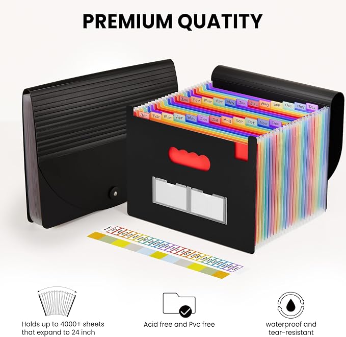 Sooez 24 Pockets Expanding File Folder, Accordion File Organizer, Letter/A4 | Expandable Cover, Desktop Accordion Folders Letter A4 Paper Document Storage Organizer, Blue