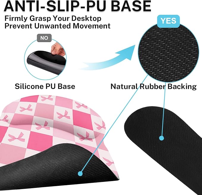 Ergonomic Mouse Pad Set with Wrist Rest, Pink Bow | Checkered Kawaii Non-Slip Rubber Base Wrist Cushion Support and Coasters Mousepad with Wrist Support for Computer Keyboard