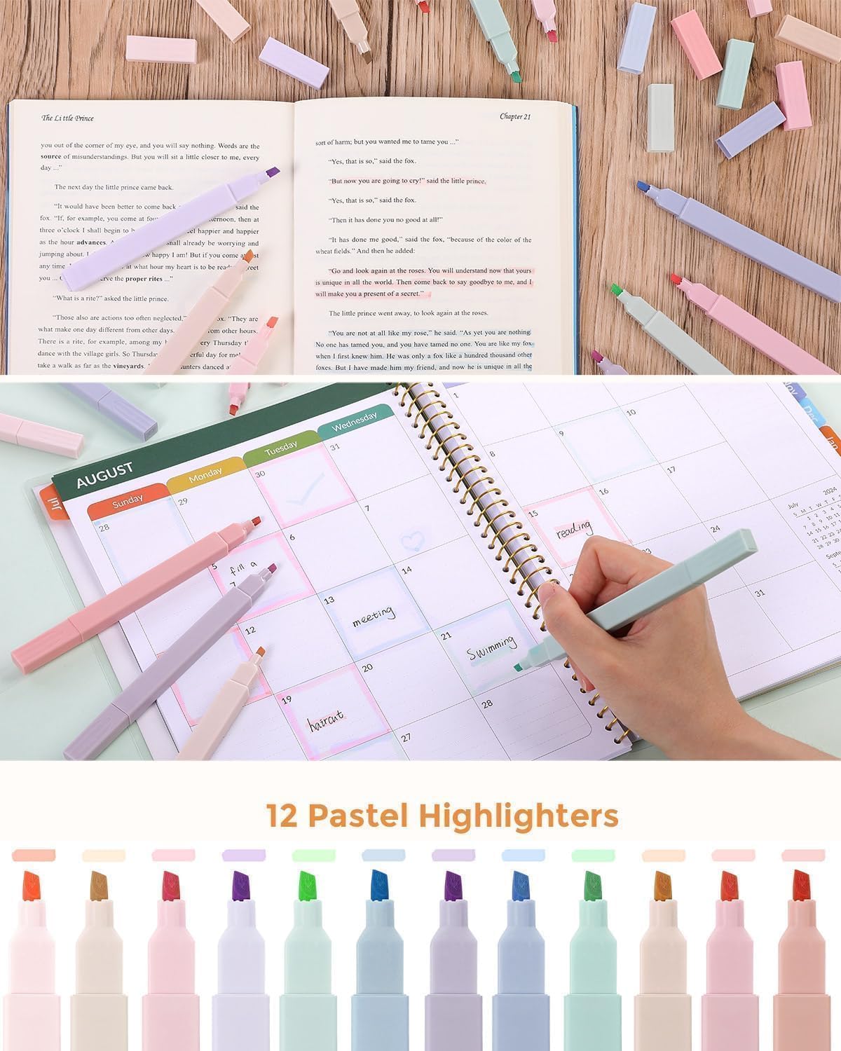 SKYDUE Cute School Supplies 44 PCS, Aesthetic Pencil Case with 12 Pastel Highlighters, 5 Black Gel Pens, 6 Color Gel Pens & Mechanical Pencils, College Essentials Students Stationary Set Green