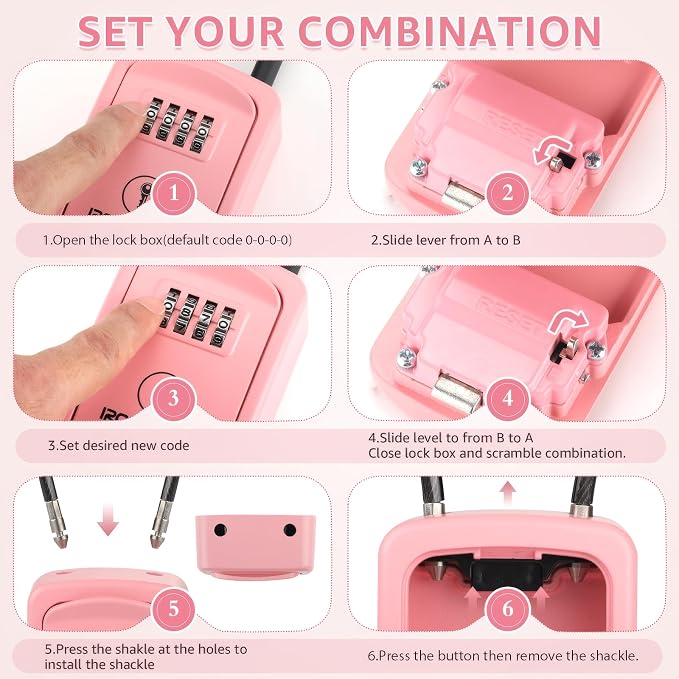 Iron Lock® Key Lock Box with Code, Portable Cable Shackle (Small, Pink) | Holds 2-3 house keys or an access card; 11-in steel cable loops on gate or rail; weather-resistant; no app or battery
