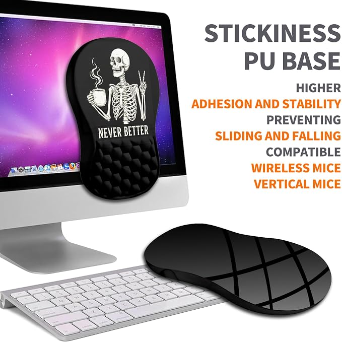 Ergonomic Joint Wrist Support Mouse Pad with Memory Foam Cushion Massage Bump, Carpal Tunnel Pain Relief Mousepad Slope Design for Wrist Rest, 11.8x7.9 in, Funny Skeleton