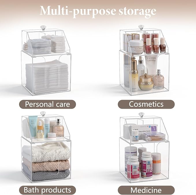 Anyoifax Disposable Facial Towels Storage Double Layer Acrylic Box, Clear | Face Towelettes Holder with Clean Skin Club Clean Towel XL Cotton Pads Container Qtip Bin for Bathroom Counter