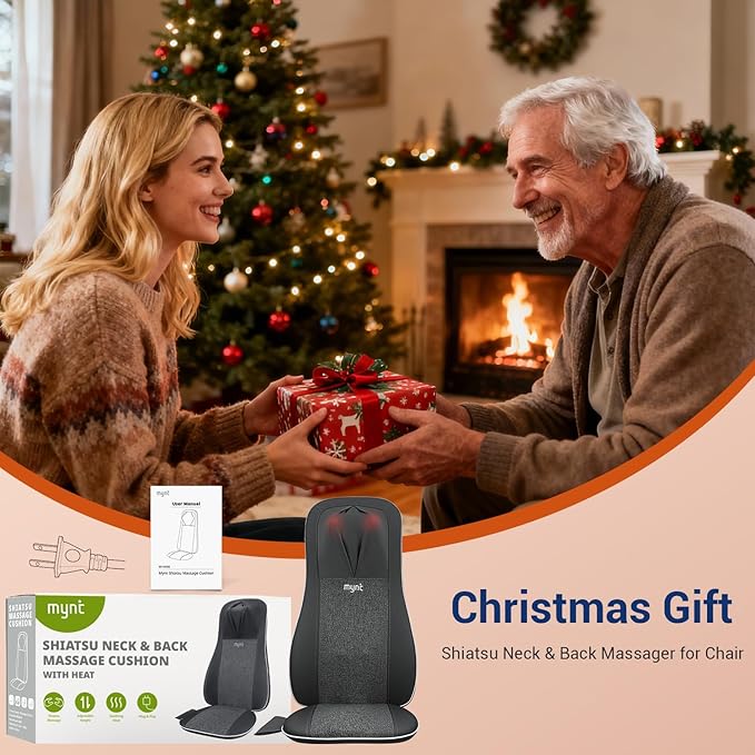 Mynt Shiatsu Neck and Back Massager with Heat, 3D Kneading Full Back Massager for Pain Relief Deep Tissue, Foldable Adjustable Chair Massager for Home Office, Christmas Gift for Dad Mom, Black