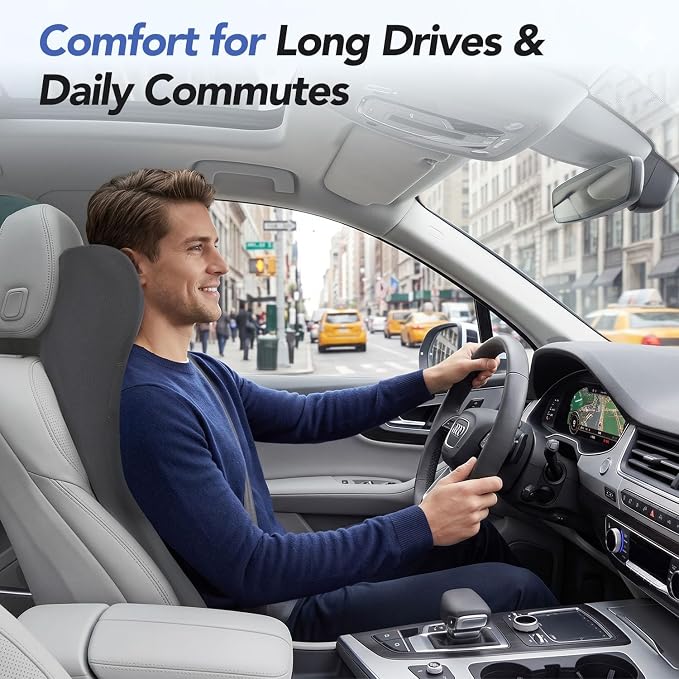 Lumbar Support Pillow for Car with Headrest, Memory Foam Cushion for Back & Neck Support, Muscle Fatigue Relief, Full-Length S-Curve Support for Long Drives, Fits Cars, SUVs, Trucks