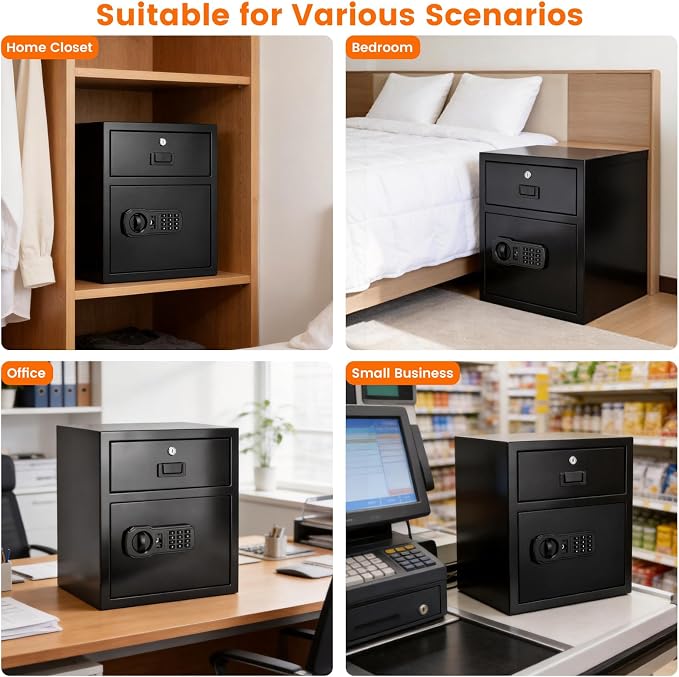 3.2 cu ft Fireproof Safe Boxwith Lockable Drawer, Anti-Theft Safe Deposit Box with Combination Lock & 2 Backup Keys, Heavy Duty Depository Safe Box for Business Home Office
