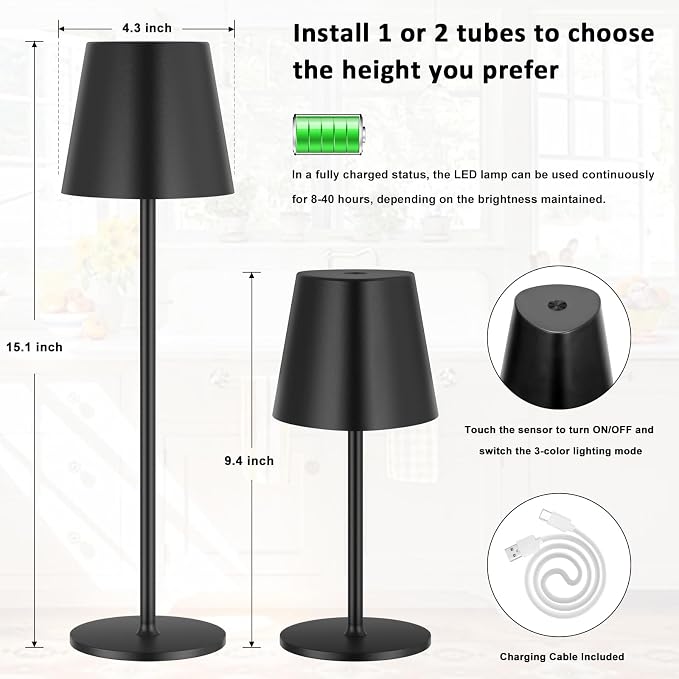 Kakanuo Cordless Table Lamp, 3 Color Stepless Dimming, 5000mAh Rechargeable Battery Powered, Outdoor LED Lamps, for Dining Room, Living Room, Bedroom, Bar, Cafe, Restaurant, Patio, Camping - Black