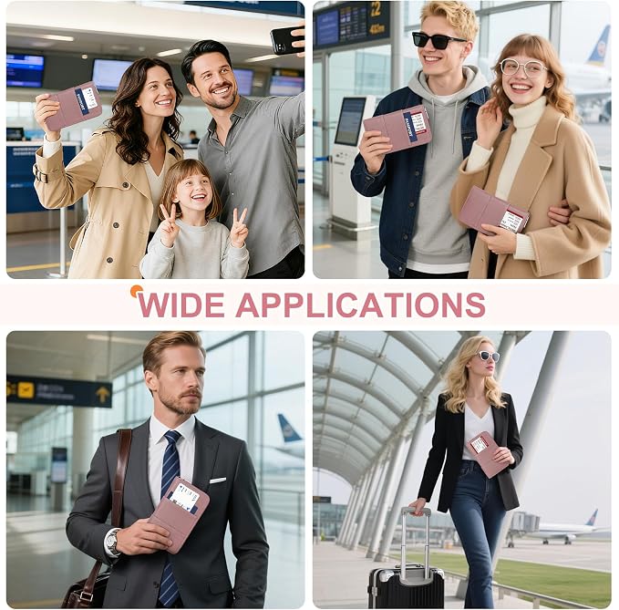 RFID Family Passport Holder Wallet - Travel Document Organizer | PU Leather, with Wristlet, Zipper, Cards, Boarding Pass, ID, Cash, Ticket Pockets,Travel Essentials Gifts for Women Men