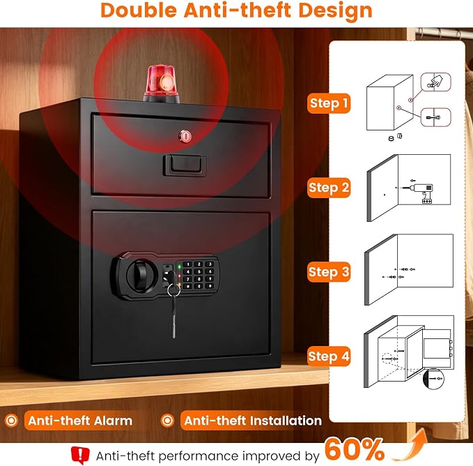 2.5 cuft Home Safe Box with Drawer | Anti-Theft Large Safe for Everyday Use | Double Safer - Add Fire Waterproof Bag | Durable Electronic Keypad | Silent & Alert | Removable Shelf for Protecting Valuable