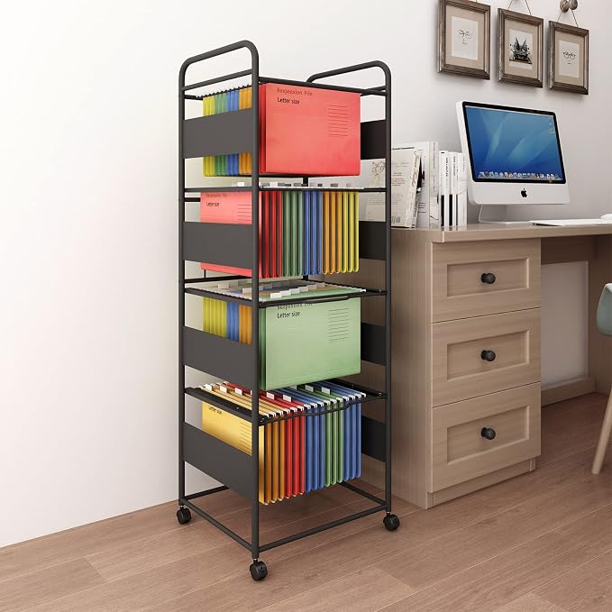 PUNCIA 4-Tier Metal File Cart with Wheels Pull-Out Rolling Folder Organizer | Black Mobile Hanging File Cabinet for Letter Documents Home Office Storage Easy to Move and Access