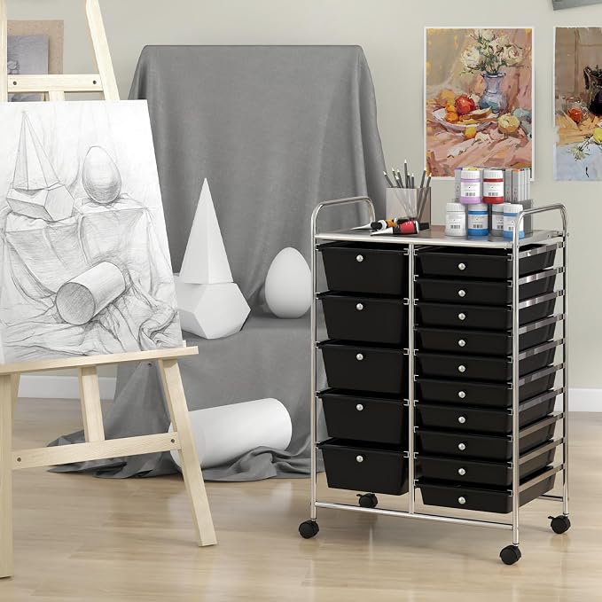 BECOMFORT 15-Drawer Rolling Cart with Drawers, Storage Cart on Wheels, Teacher Classroom Organizers with Metal Frame, Mobile Craft Cart for Tools, Trolley Utility Cart for School Office Play Room