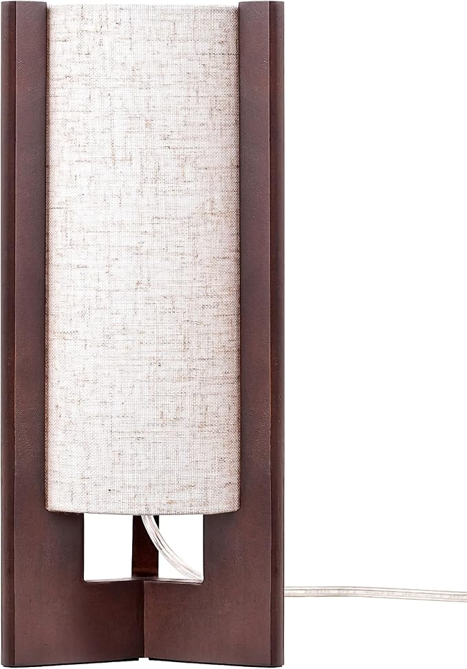 EDISHINE Wood Table Lamp, 13.5" Small Bedside Lamp, Rosewood, E26 Base | Beige Linen Shade, Cylinder Base, On-Off Line Switch, Nightstand Lamp for Bedroom, Living Room, Office