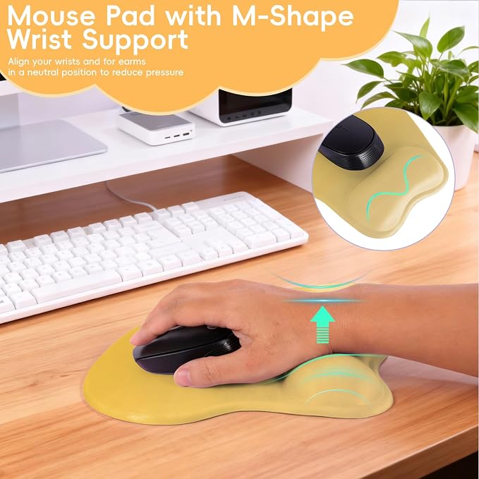 Mouse Pad with Wrist Rest Ergonomic Mouse Pad with Comfortable M-Shape Pain Relief Wrist Support Non-Slip PU Base Mousepad for Laptop, Office & Home (Gradient Yellow)