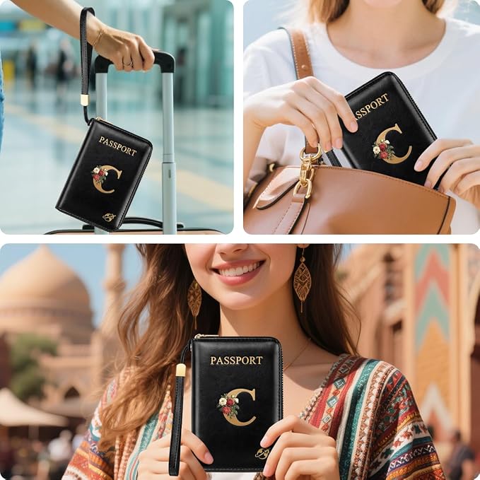 Passport Holder for Travel Personalized Wallet with Wristlet Women | Passport Cover, RFID Blocking, Passport Book Holders, Back Coin Pocket, Zipper Closure, Roses Initial Letter, Black C