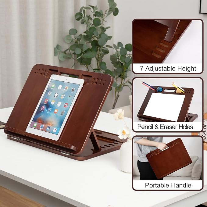 StrongTek Bamboo Tabletop Easel, 6-Angle Drawing Board for Desk and Lap | Pencil and Eraser Slots, Full-Base Lap Support, Secure Angle Positioning, Sketching, Acrylic Painting and Hands-Free Reading