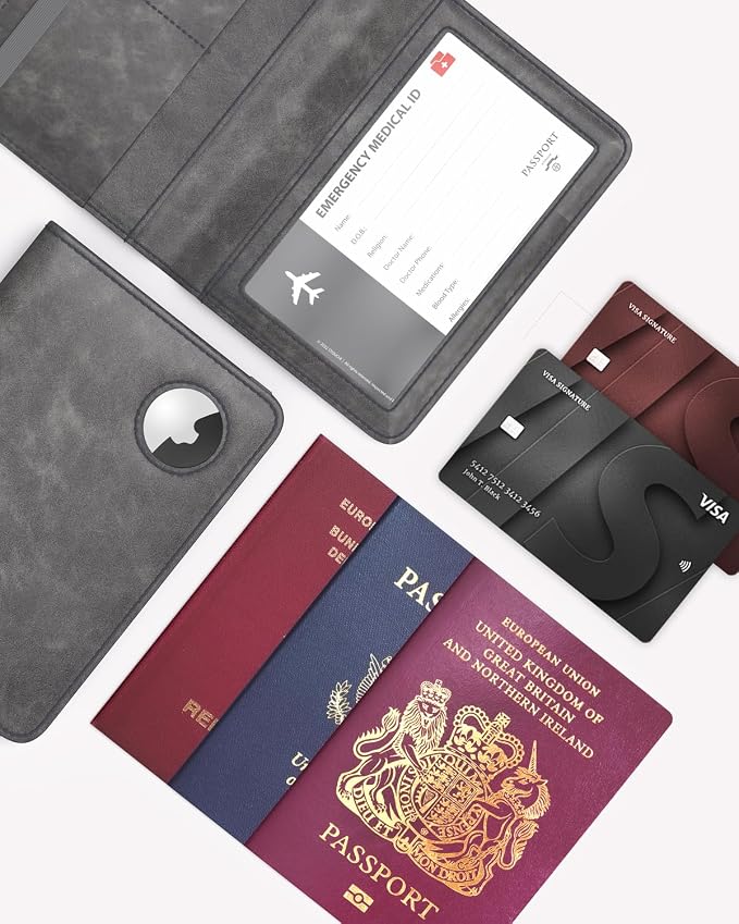 Stouchi AirTag Passport Wallet, Grey, Unisex, Faux Leather, RFID Blocking, Anti-Waterproof | Ultra-slim, Waterproof PU Leather, 5 Card Slots, RFID Blocking, AirTag Slot – Perfect for US Passports