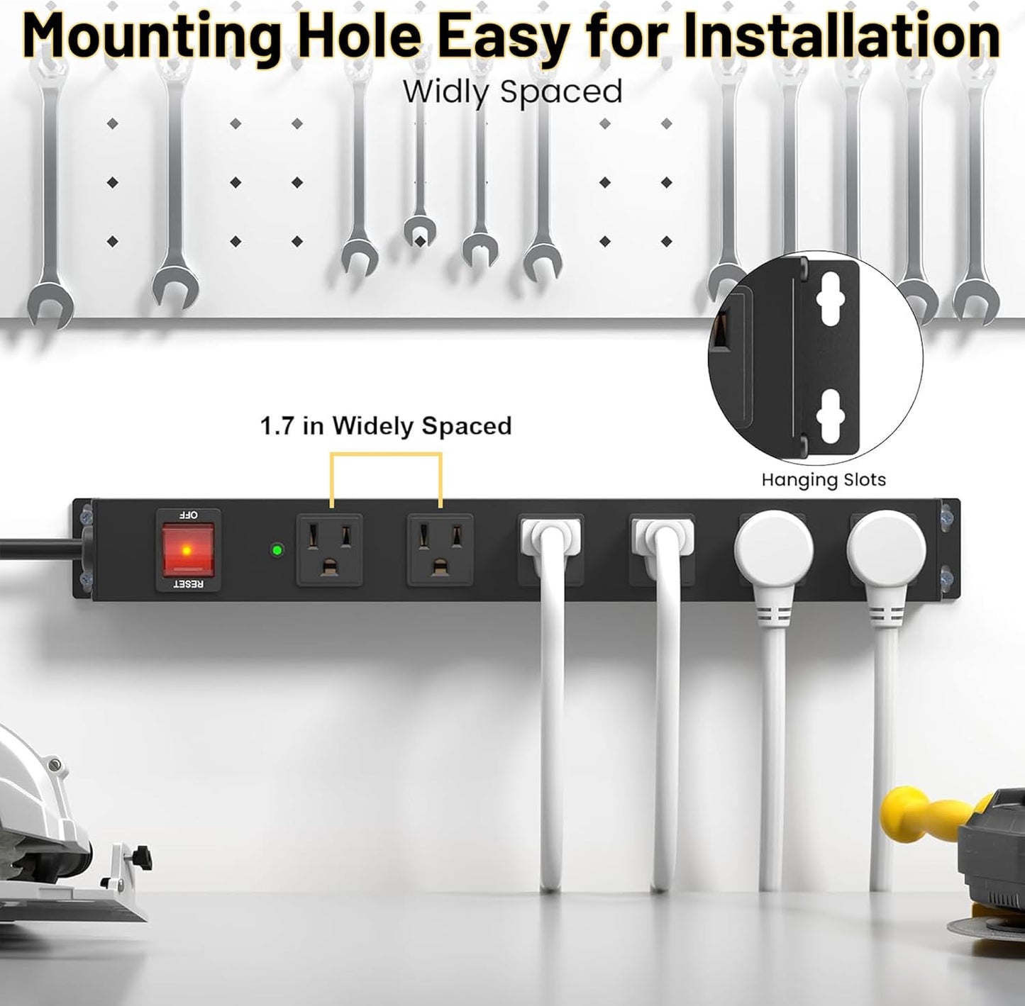 KF 6 Outlet Metal Wall Mount Power Strip, 2100J Surge Protection Heavy Duty Power Strip, 15A/1875W Mountable Power Strips with Upgraded Switch, 14AWG 12FT Power Cord