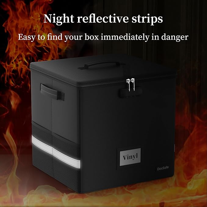 DocSafe Vinyl Record Storage Box with Lock,Fireproof&Water Resistant Record Organizer Storage for 100+ Single Records(12-inch),Collapsible Storage Crate with Lid&Handles for Valuable Album Collection