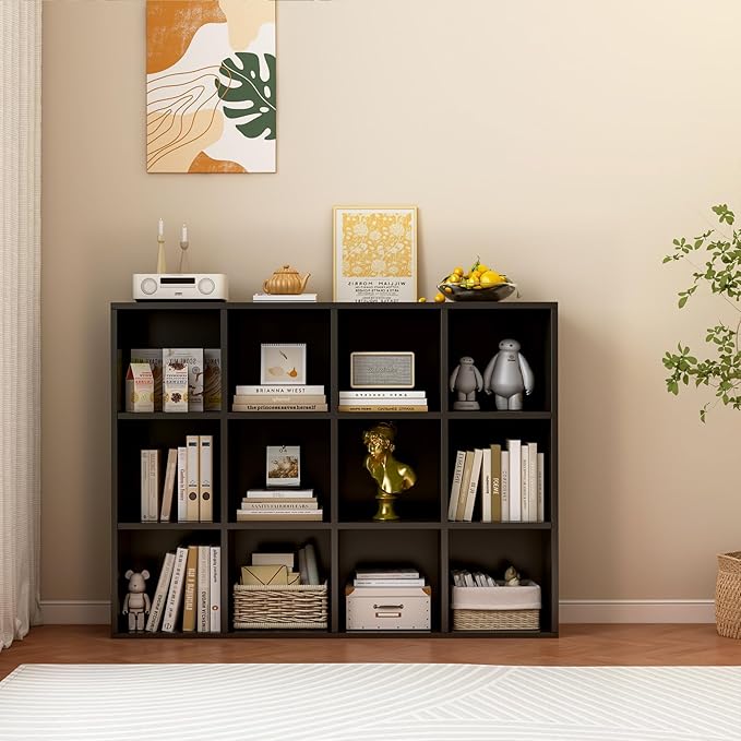 OSCHF 12-Cube Storage Shelf Bookcase - Wooden 3-Tier Floor Standing Open Bookshelf for Home and Office, Display Cabinet, Black