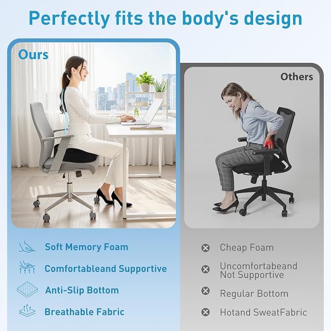 BlissTrends Extra Thick Seat Cushion for Office Chair & Car Seat, Black | Tailbone & Sciatica Relief, Ergonomic Support, High-Density Memory Foam, Comfort for Extended Sitting
