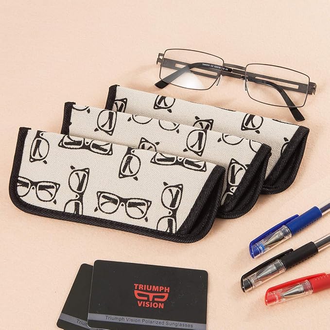 TRIUMPH VISION 3 Pack Reading Glasses Pouch Soft Case Eyeglass Sleeve Slim | Alternative to Bulky Case in bag, Lightweight Lined Padded Protect Optical lens Slip in, Cute Pattern Portable for Daily Use