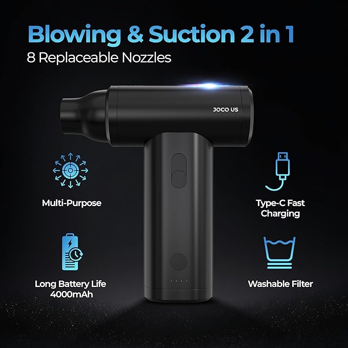 2025 Upgraded Metal Compressed Air Duster and Vacuum Cleaner 8-in1 Replaced Can Air, 110k RPM, 4000mAh, Quick Charge Cordless Jet Blower for Keyboard-Office-Home-Electronic-Inflator