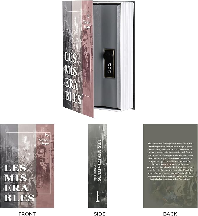 Book Safe with Combination Lock, Hidden Safe (9.5 x 6.2 x 2.2 Inch) with Fireproof Bag, Secret Diversion Safe, Hollow Book Box Hidden Storage, Money Safe Box for Cash(Les Mis)
