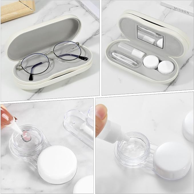 MoKo Double Eyeglass Case, Contact Lens Case with Mirror Tweezers Remover, 2 in 1 Double Sided Portable Contact Lens Box Holder Container Soak Storage Kit Sunglasses Pouch for Men & Women, Beige
