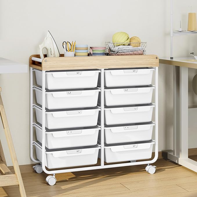 10 Drawers Rolling Cart with Wooden Tabletop, Utility Storage Cart with Wheels, Art Supply Craft Organizer on Wheel with Metal Frame & Handles for Home Office School (Pure White)