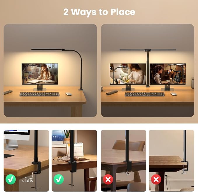 Upgraded LED Desk Lamp for Home Office with RGB, Rotatable Computer Desk Light with Remote, Tall Table Lamp with Clamp for Working, Dimmable Dual Head Task Lighting for Monitor PC, 22W