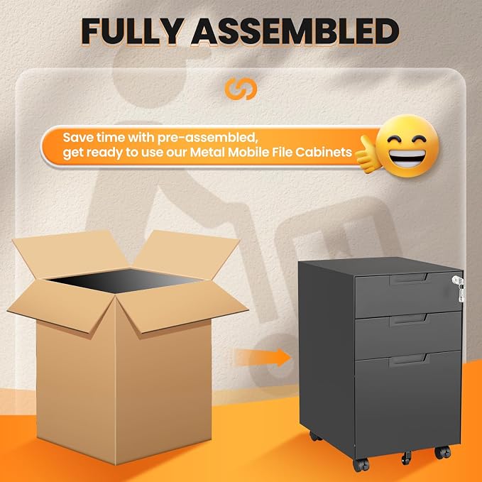 3 Drawer File Cabinet with Lock, Fully Assembled Metal Mobile Filing Cabinets for Home Office, Small Rolling File Caninet on Wheels for Legal/Letter / A4 File, Black