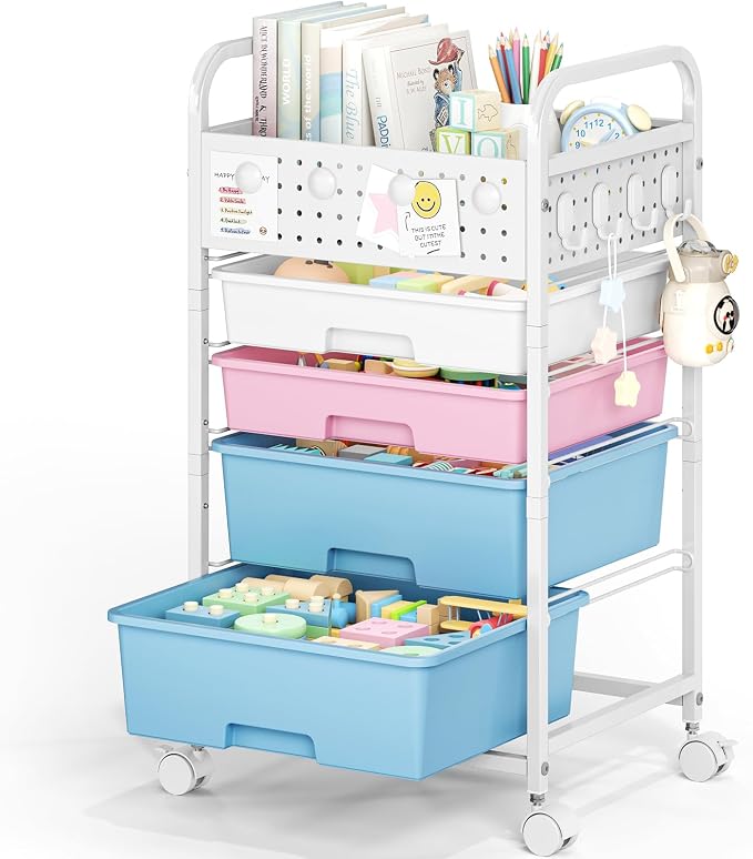 4 Drawer Rolling Storage Cart with Pegboard Top and Hooks, Pink&Blue | Mobile Organizer Cart with Wheels for Office Supplies, Craft Storage, Classroom Organization, Home Utility Cart
