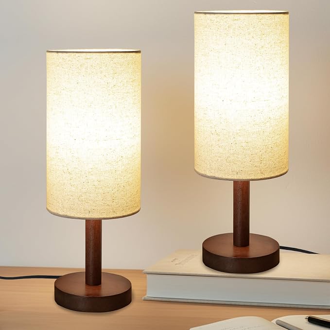 LALISU Small Table Lamp Nightstand Lamp Linen Lampshade Bedroom Wood Base Small Bedside Lamp for Night Stands, Desk Lamps for Reading Living Room, Office (LED Bulb Included) (Black-Walnut Wood(2))