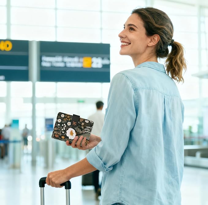 Passport Holder, Cute Travel Wallet Cover with RFID Blocking,flower | PU leather travel wallet with magnetic closure, card slots, pen loop, and easy access for passports and essentials.